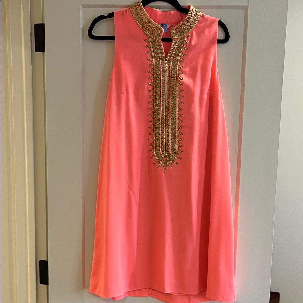 Lilly Pulitzer Coral Sleeveless Dress with Gold Embroidery